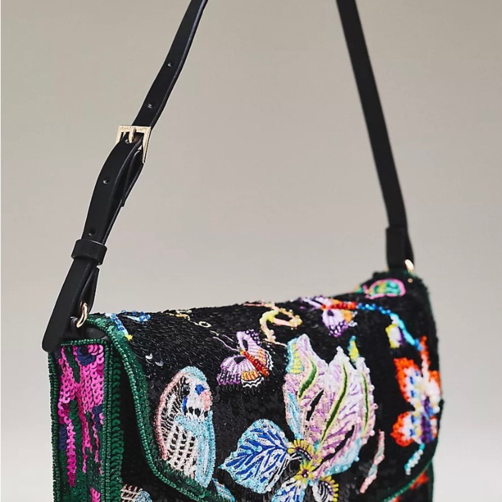 New Anthropologie Black Floral Beaded Shoulder Bag - Picture 3 of 5